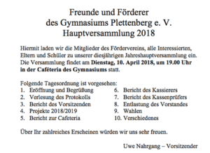 Einladung zur Jahreshauptversammlung des Fördervereins am 10. April